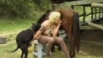 Blonde with cropped hair is set to screw a pair of beasts simultaneously