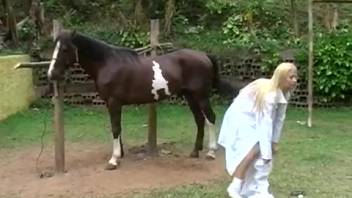 Extreme outdoor equine fetishes featuring a slim fair-haired girl with alluring curves